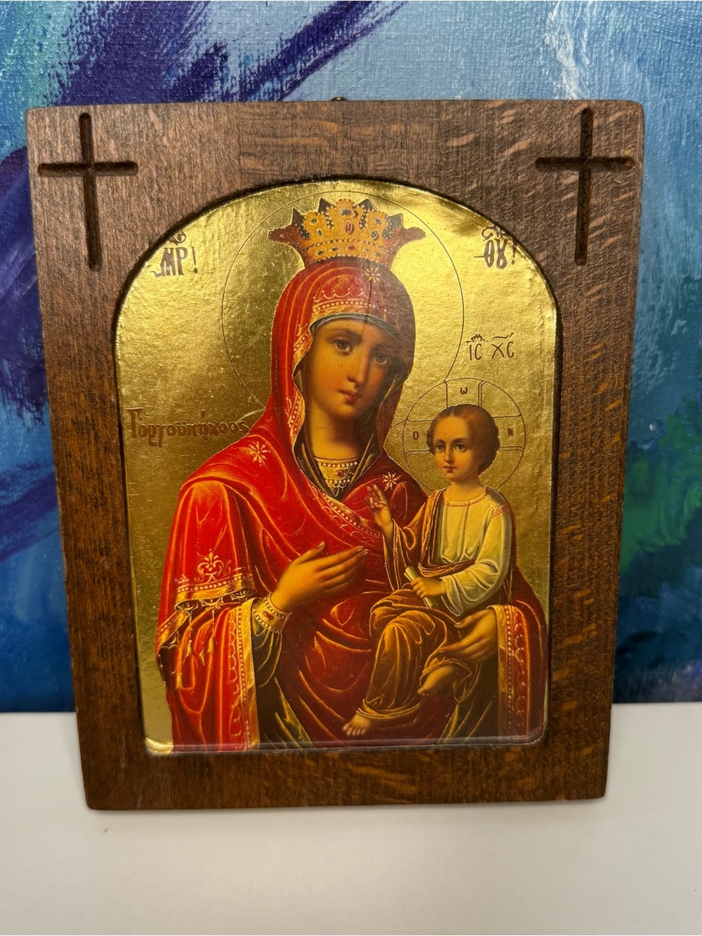 Wooden Virgin Mary Baby Jesus Religious Icon Wall Art Christian Theotokos Greek